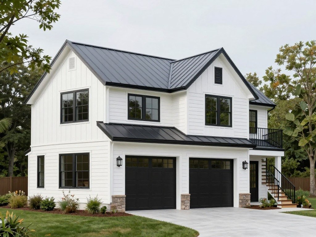Modern farmhouse style garage with living quarters featuring board and batten siding