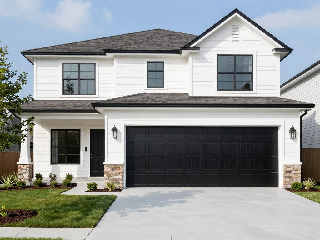 Modern farmhouse with black carriage-style garage doors