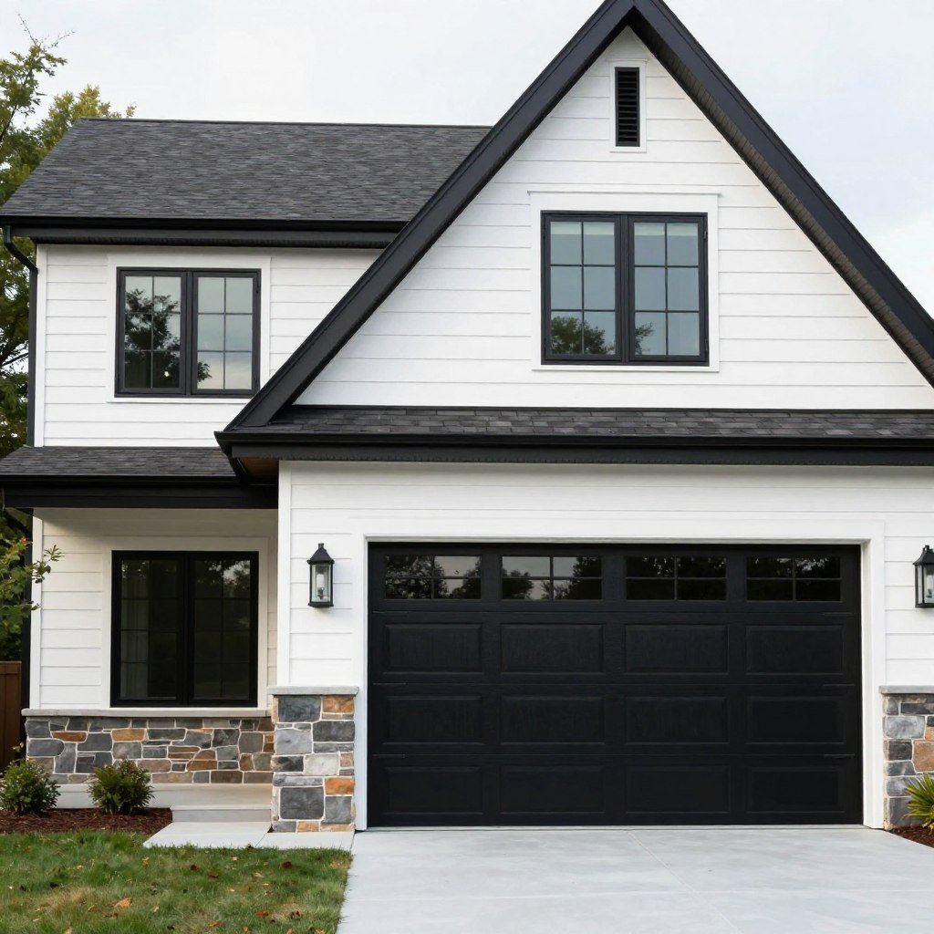 Modern farmhouse with black garage door and white siding