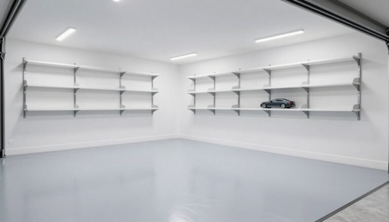 Modern finished garage with epoxy flooring, organized storage systems, and bright lighting