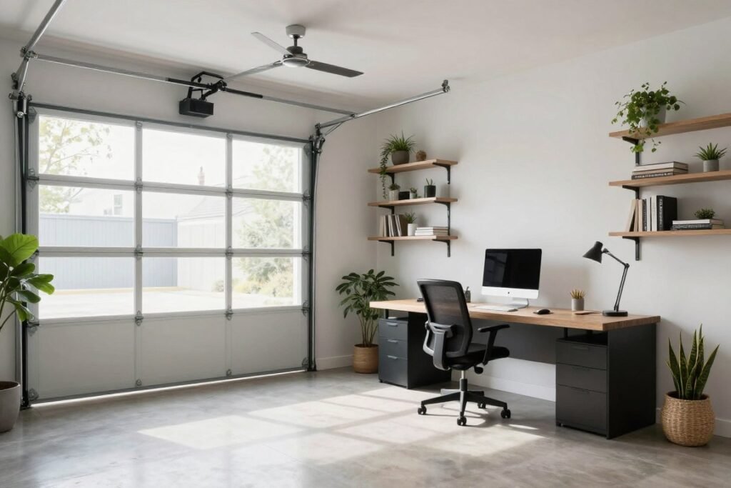 Modern garage converted into a stylish home office with desk, chair, and storage solutions Modern garage converted into a stylish home office with desk, chair, and storage solutions