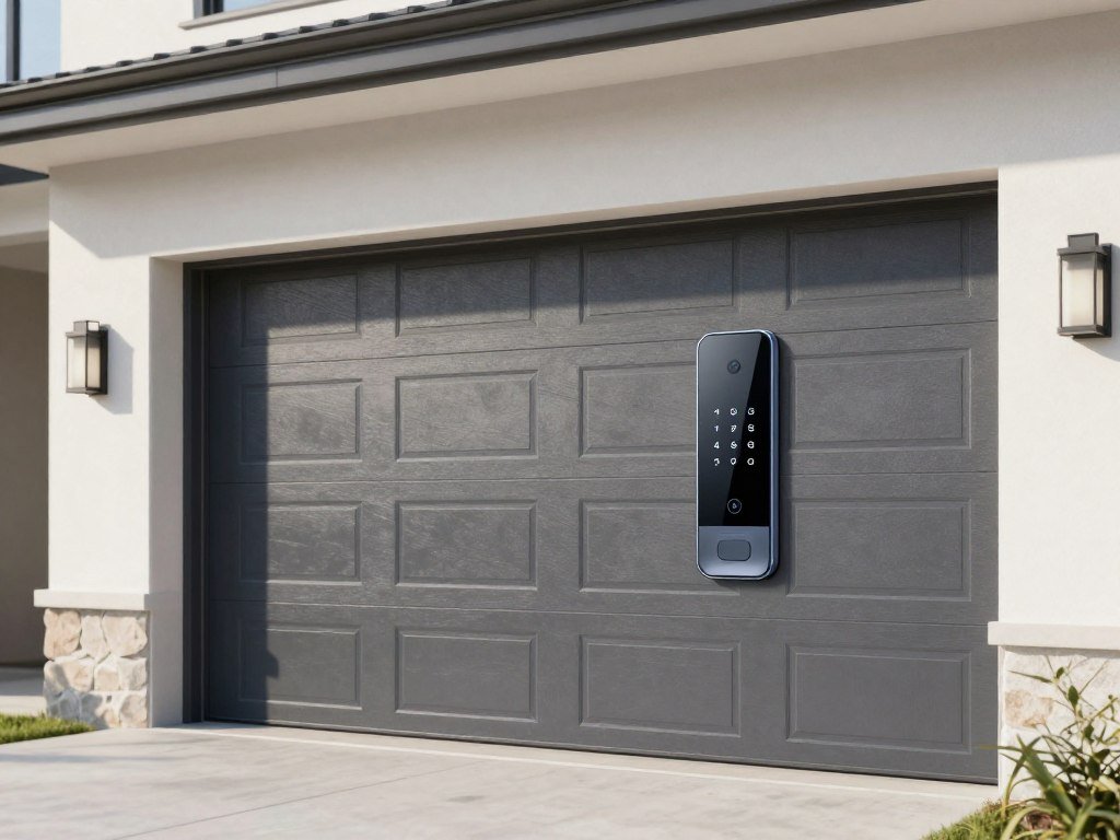 Modern garage door with smart opener system and keypad entry on a contemporary home