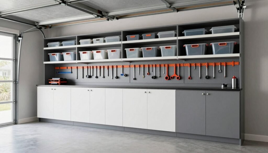 Modern garage interior with custom cabinets, overhead storage, and organized tool wall