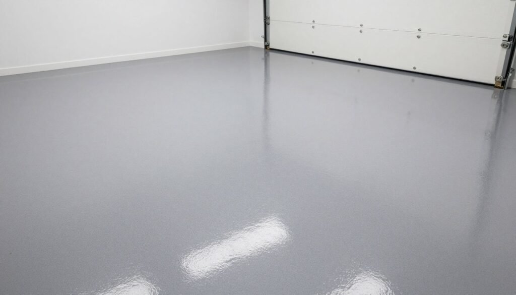 Modern garage interior with epoxy flooring in a glossy gray finish with flecks