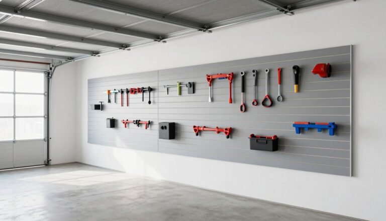 Modern garage interior with finished walls featuring slatwall storage system and clean design