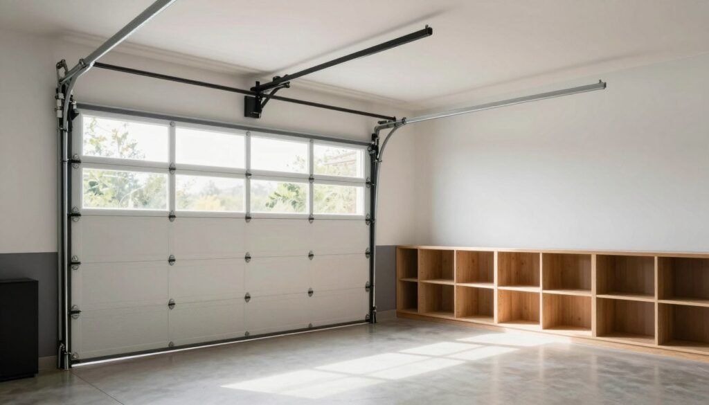 Modern garage interior with stylish insulated garage door allowing natural light