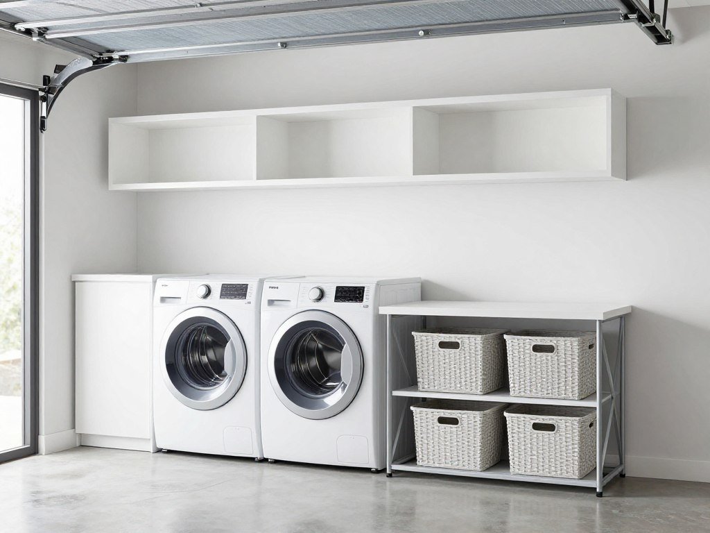 Modern garage laundry area with side-by-side washer and dryer, floating shelves, and epoxy flooring