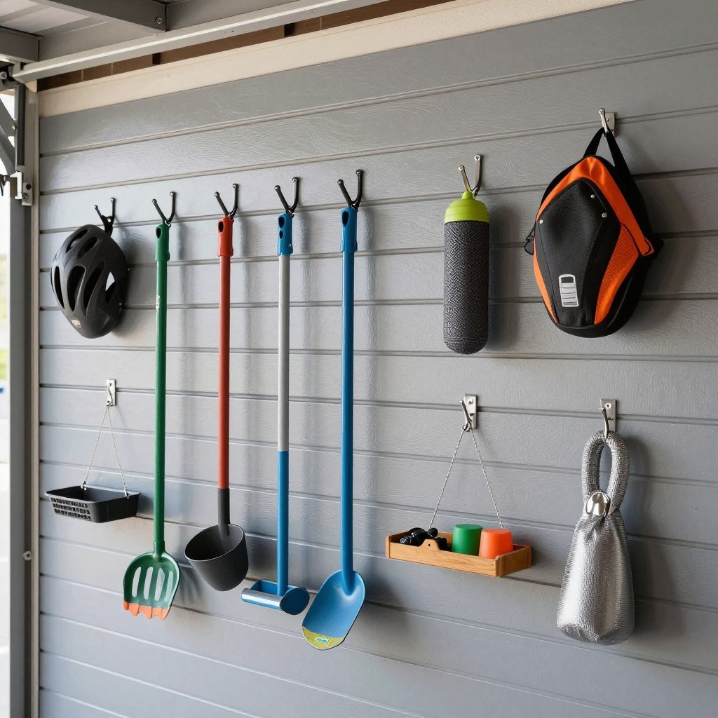 Modern garage wall with slatwall panels holding various tools and equipment