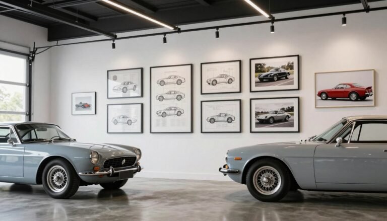 Modern garage with automotive art displayed on walls alongside a classic car