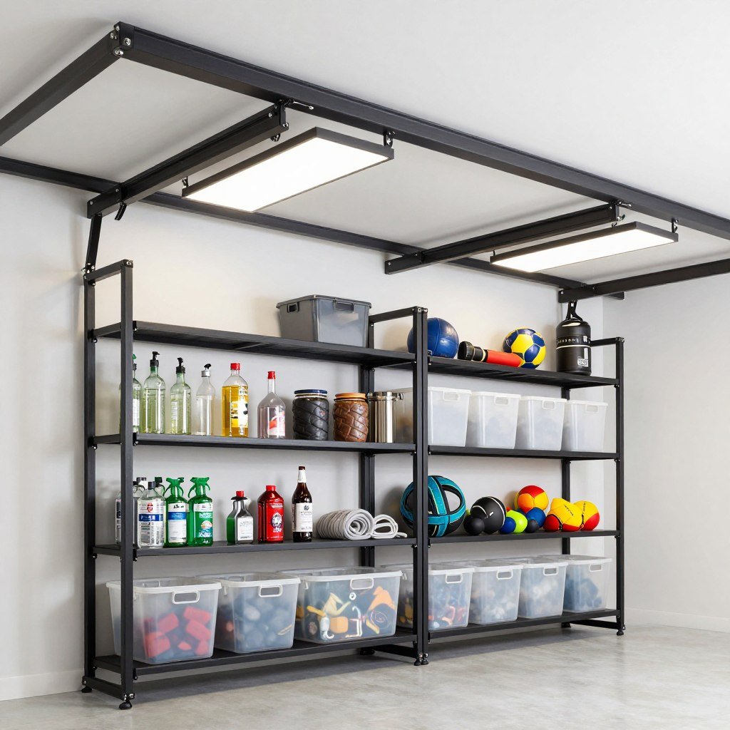 Modern garage with ceiling-mounted storage racks holding seasonal items