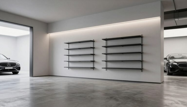 Modern garage with clean lines, minimalist storage, and polished concrete floors