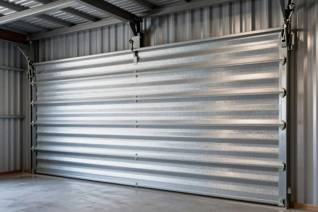 Modern garage with corrugated metal wall panels and industrial design