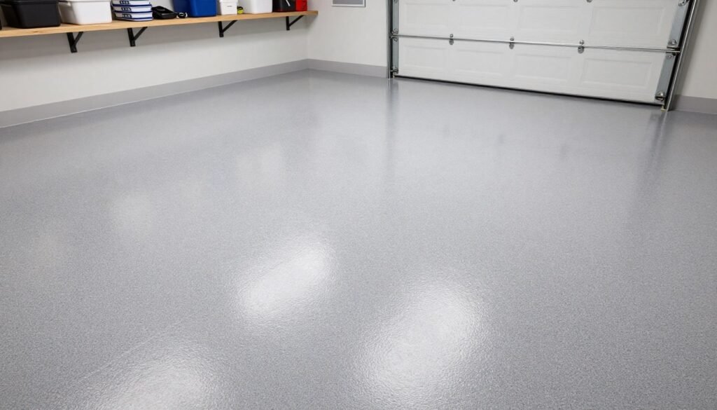 Modern garage with epoxy flooring in gray with flecks