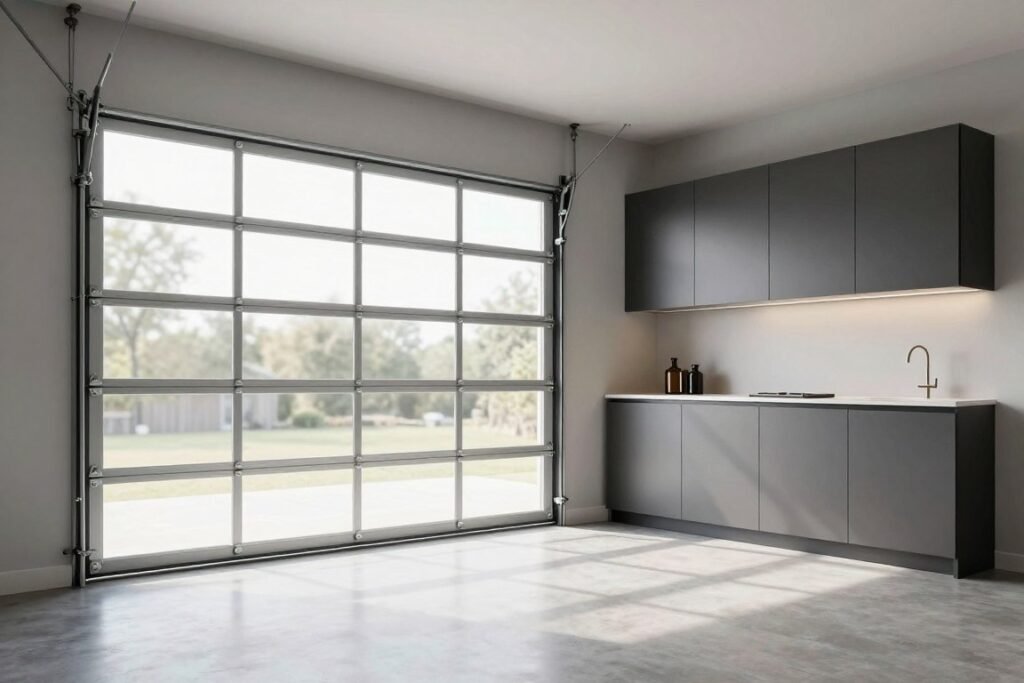 Modern garage with glass doors and natural light flooding the space