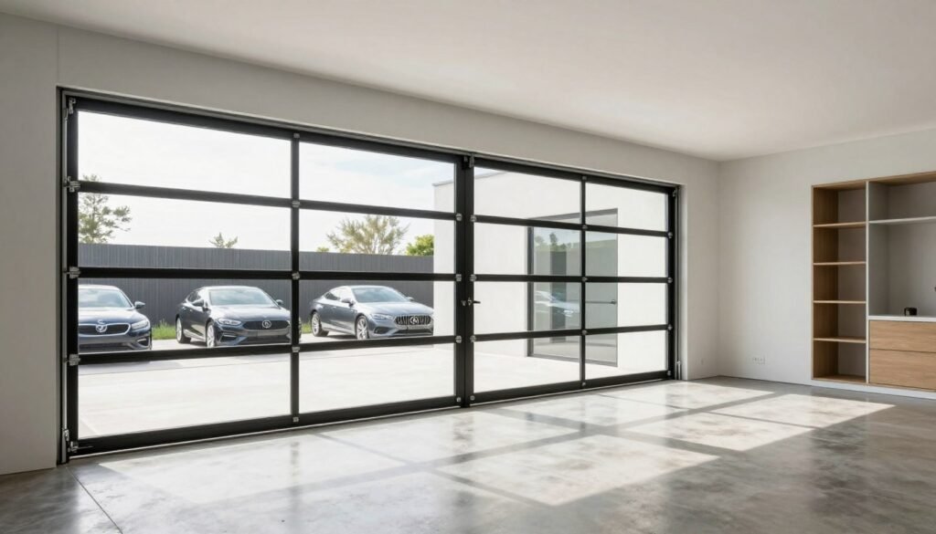 Modern garage with glass doors and natural lighting