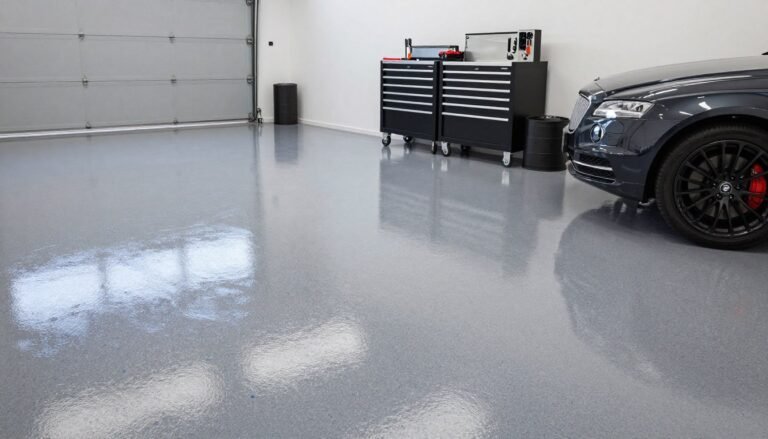 Modern garage with glossy epoxy floor coating in gray with blue flakes