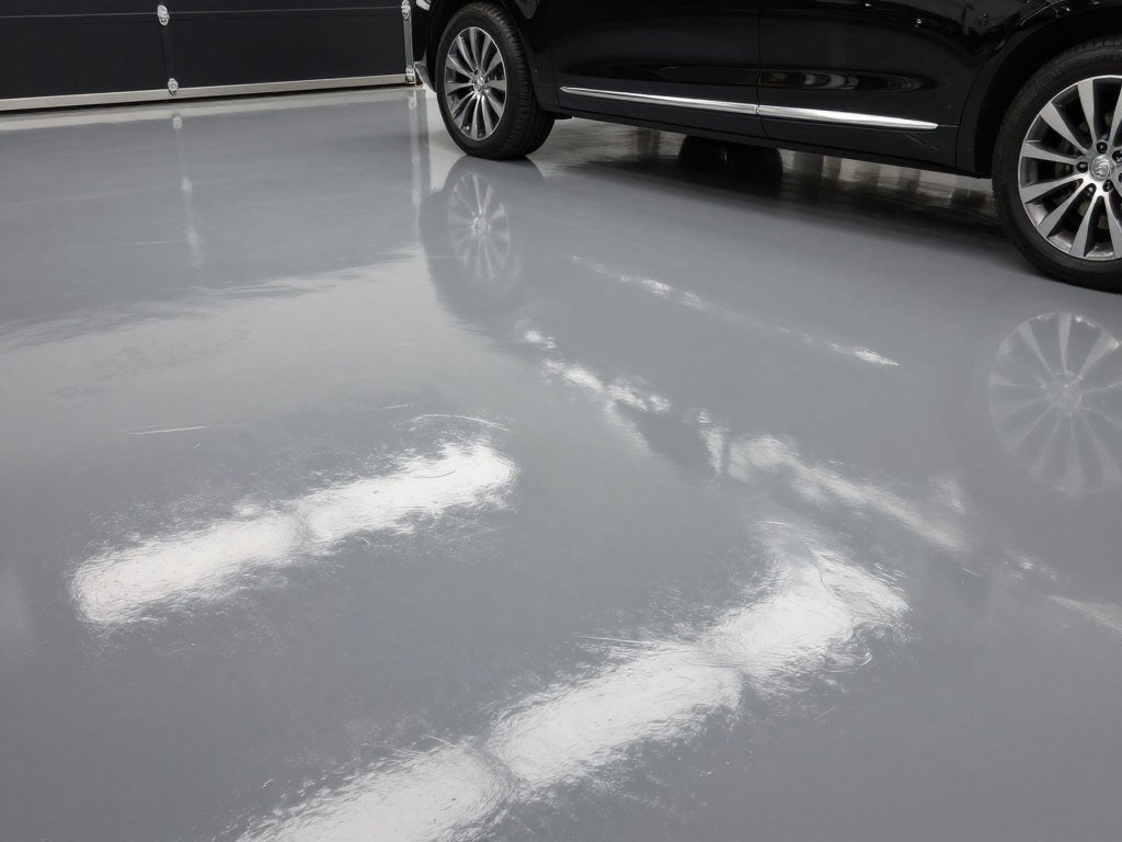 Modern garage with high-gloss epoxy flooring in a metallic finish