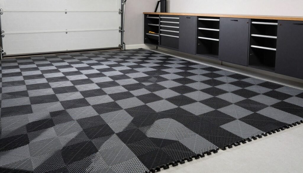 Modern garage with interlocking floor tiles in a black and gray pattern