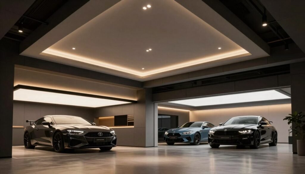 Modern garage with layered LED lighting creating a dramatic effect