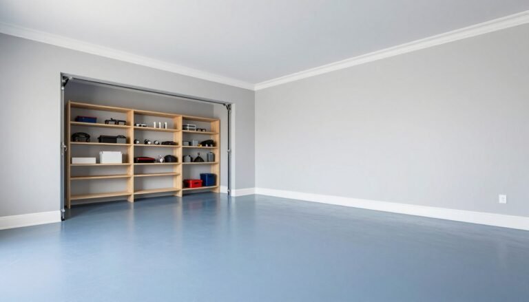 Modern garage with light gray walls, white trim, and epoxy-coated floor in slate blue