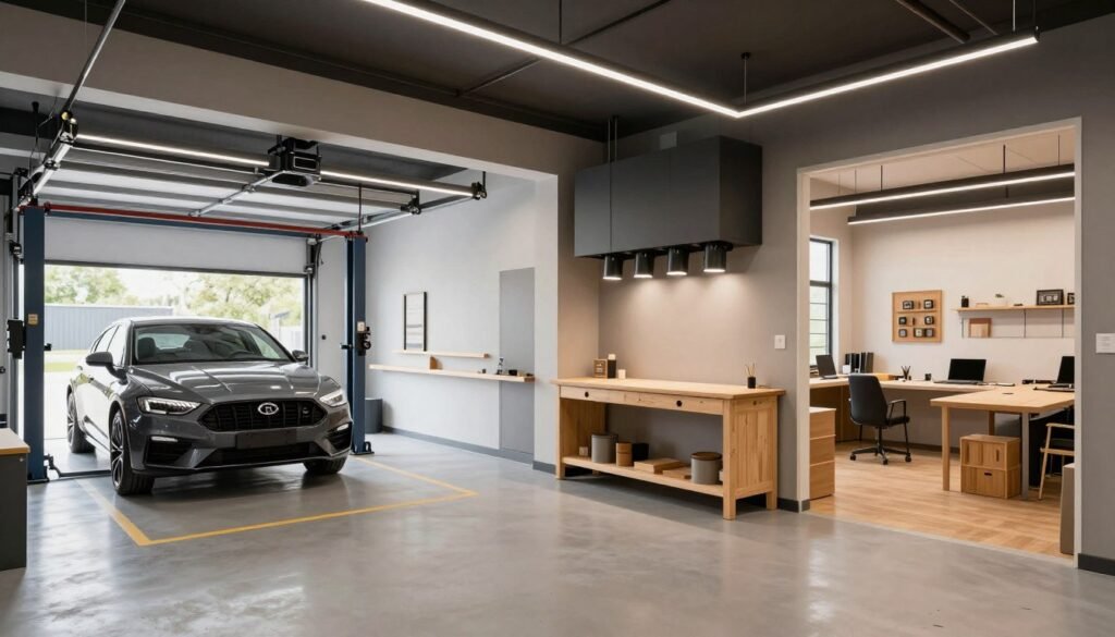 Modern garage with multiple specialized work zones