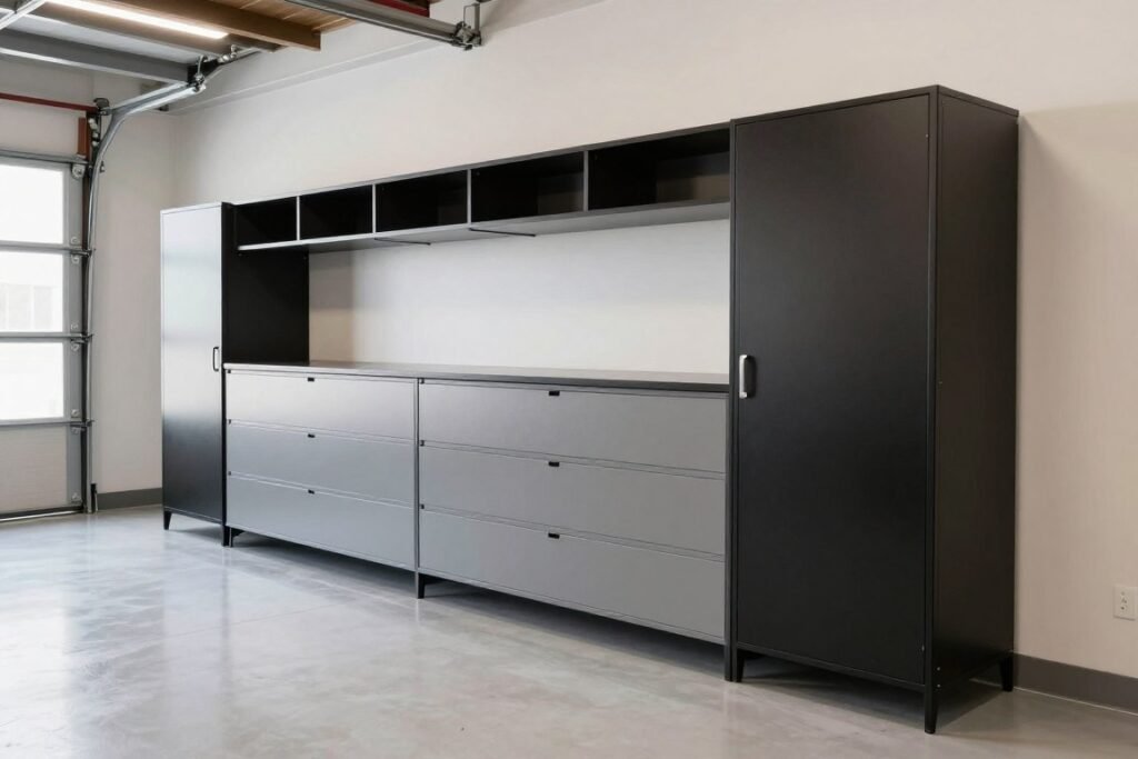 Modern garage with sleek modular cabinet system and epoxy flooring