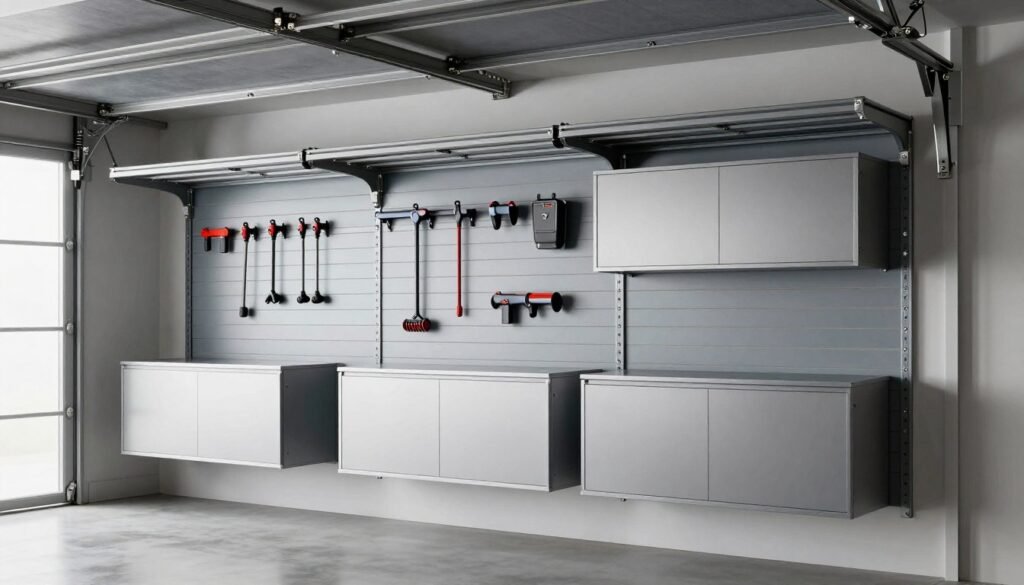 Modern garage with sleek wall-mounted storage systems and cabinets