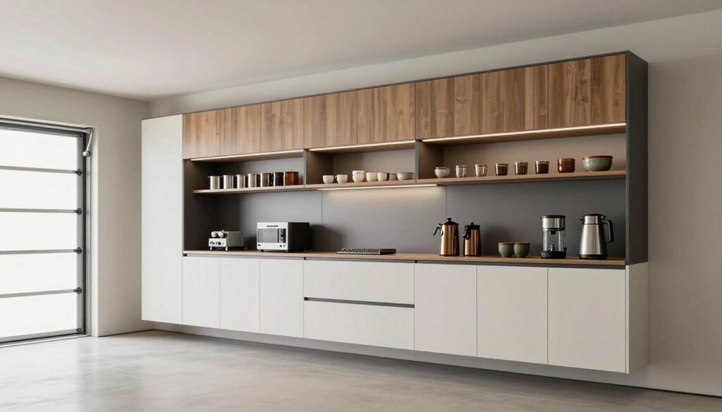 Modern garage with wall-mounted cabinet system and coordinated design elements Modern garage with wall-mounted cabinet system and coordinated design elements