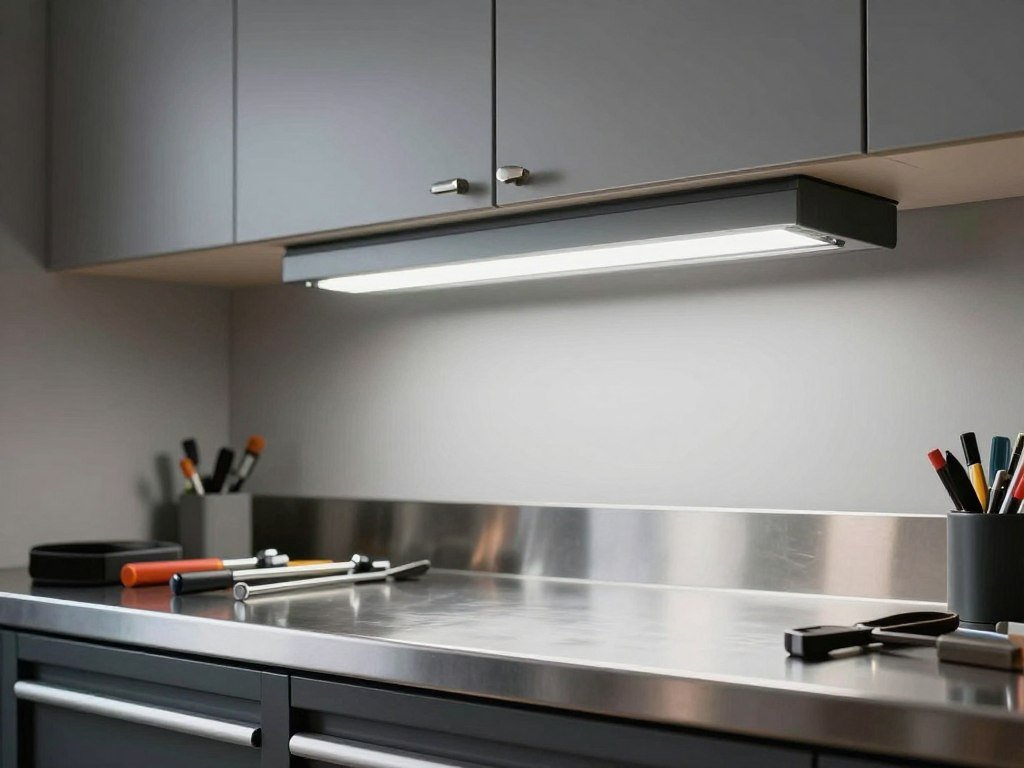 Modern garage workbench with focused task lighting