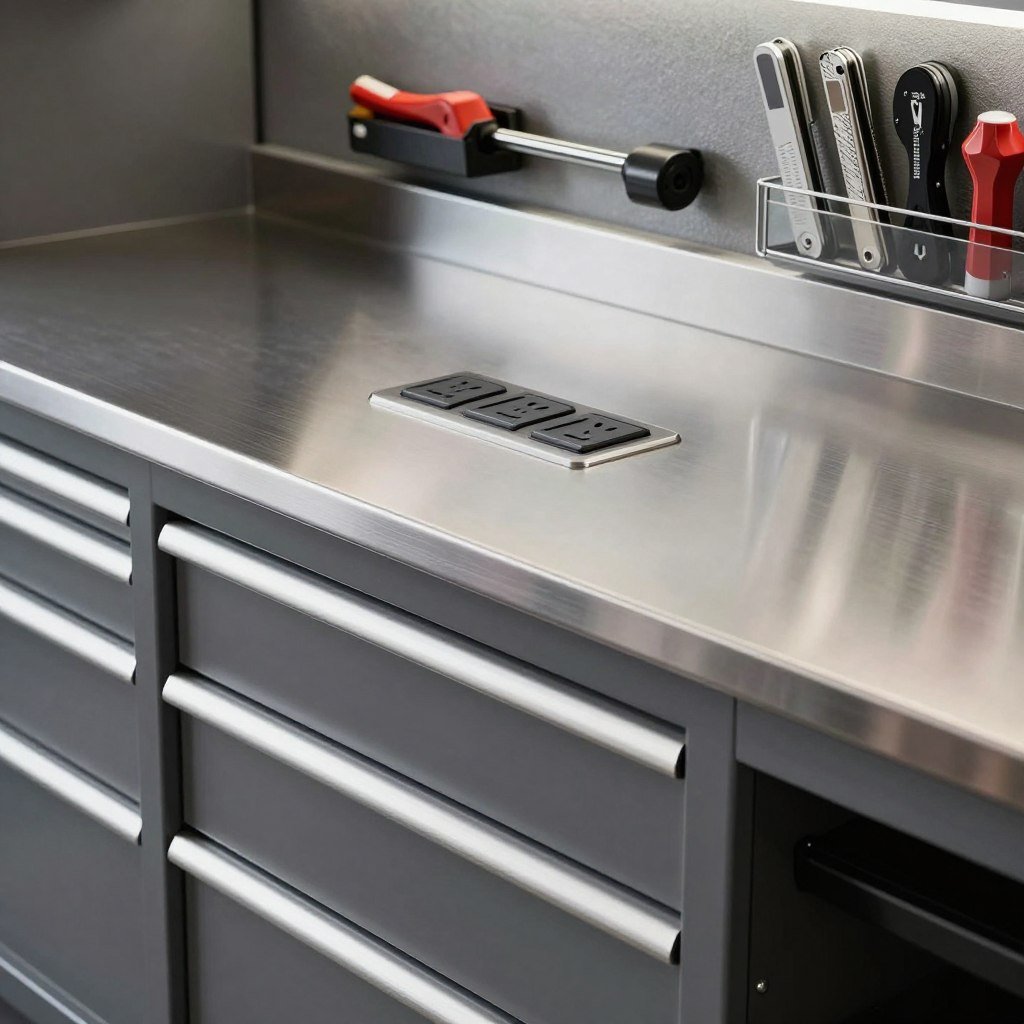 Modern garage workbench with stainless steel top and integrated storage