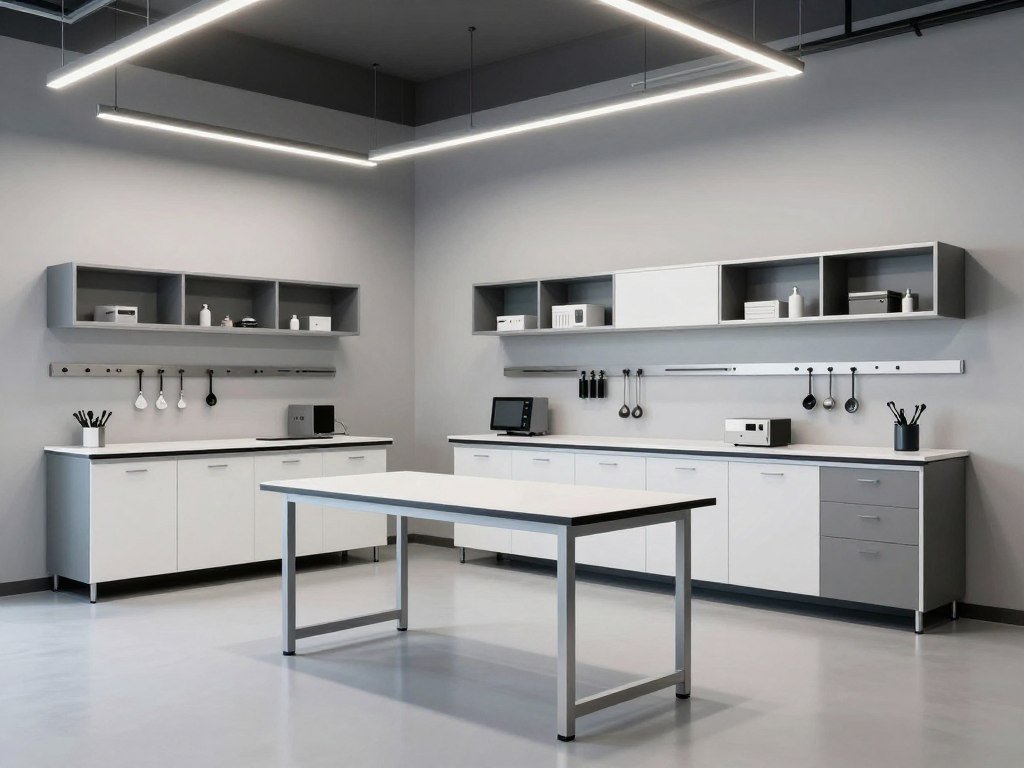 Modern garage workshop with clean lines, metal accents, and organized tool wall