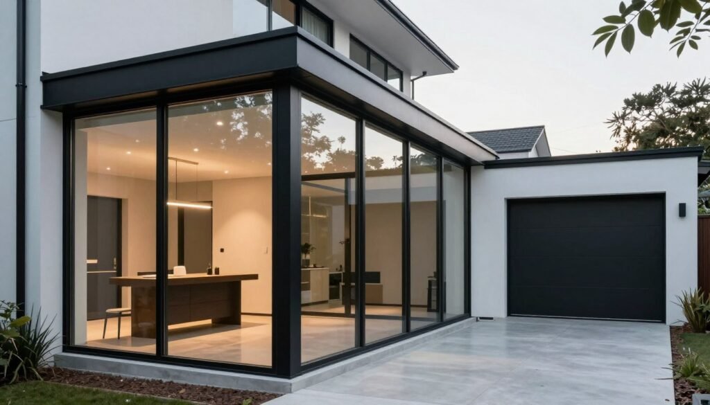 Modern glass-enclosed breezeway with black metal framing connecting a contemporary home to a matching garage Modern glass-enclosed breezeway with black metal framing connecting a contemporary home to a matching garage