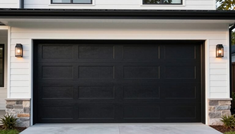 Modern home exterior with striking black garage door creating dramatic contrast against light-colored siding