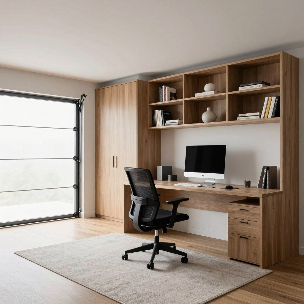 Modern home office with large desk and bookshelves