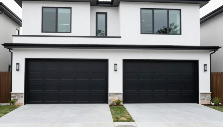 Modern home with sleek black garage doors creating striking contrast against white exterior