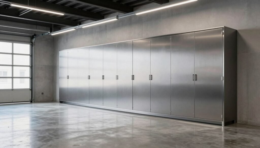 Modern industrial garage design with metal cabinets, concrete floor, and minimalist garage inspo elements