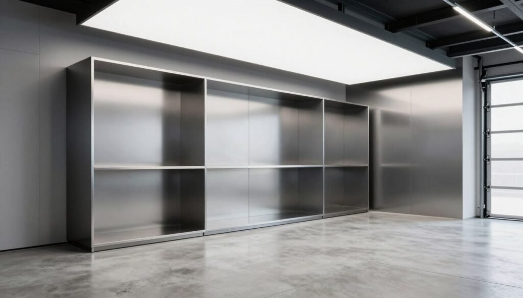 Modern industrial garage interior with metal accents and clean lines Modern industrial garage interior with metal accents and clean lines