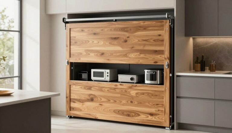 Modern kitchen with an appliance garage featuring a tambour door that conceals small appliances