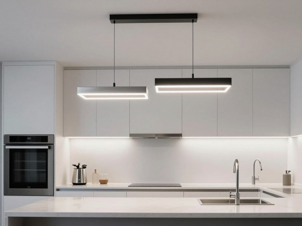 Modern kitchen with sleek pendant lights and integrated LED lighting Modern kitchen with sleek pendant lights and integrated LED lighting