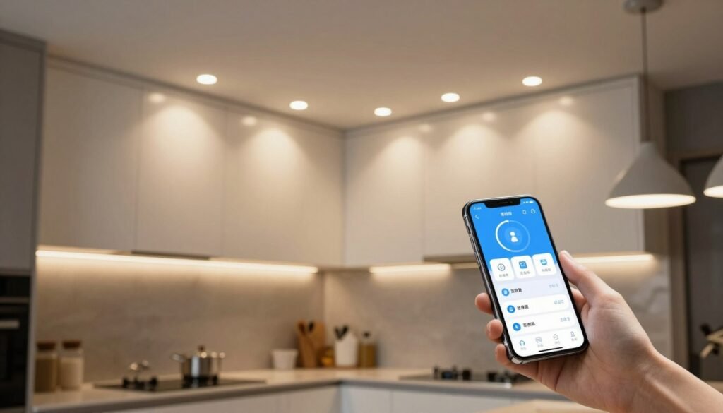 Modern kitchen with smart lighting system controlled by smartphone