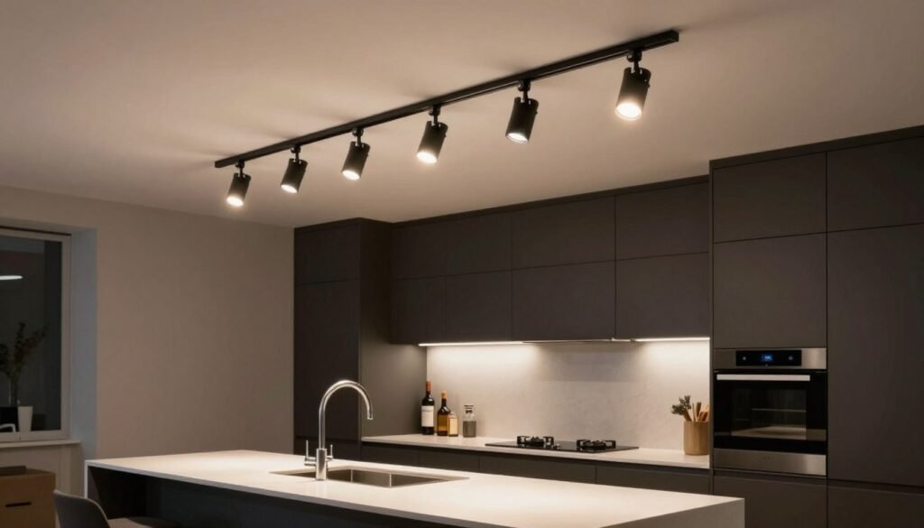 Modern kitchen with track lighting system directed at countertops and island