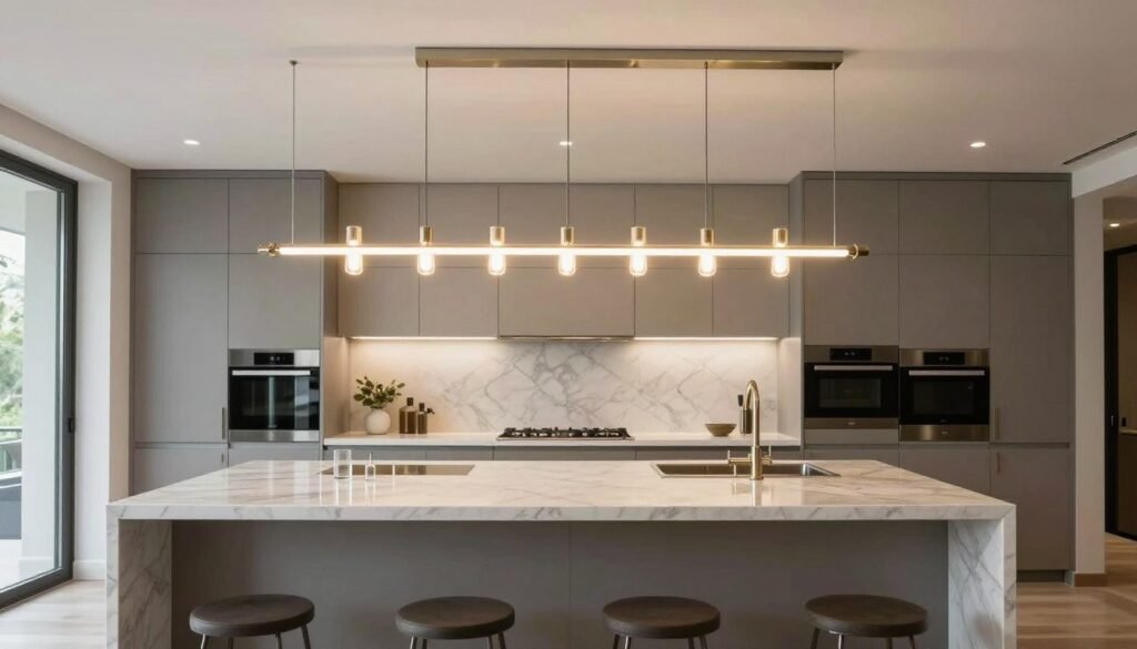 Modern linear chandelier over a large kitchen island