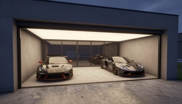 Modern luxury Bloxburg garage with sports cars, sleek flooring, and ambient lighting