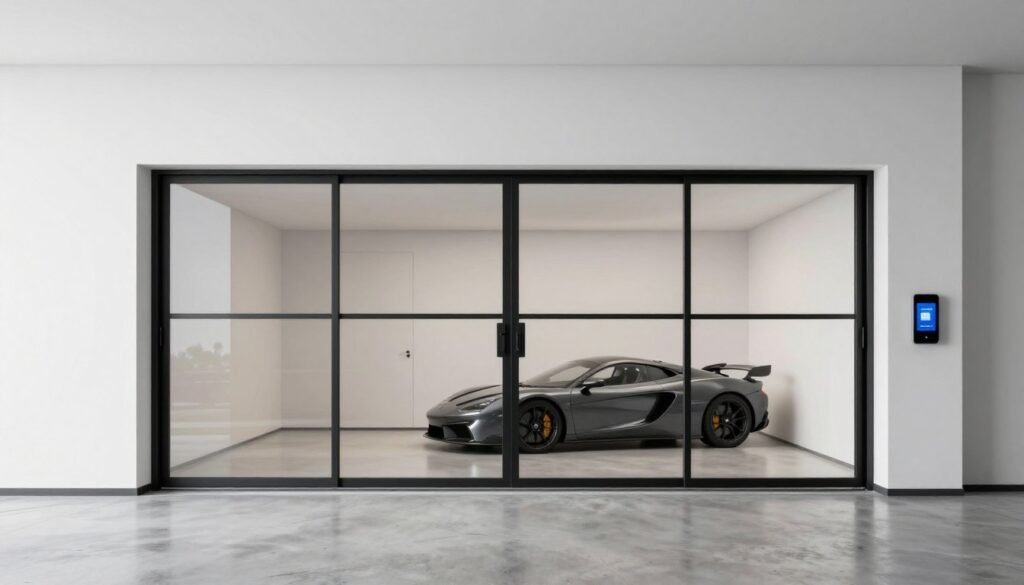 Modern minimalist Bloxburg garage with glass doors, white walls, and smart features