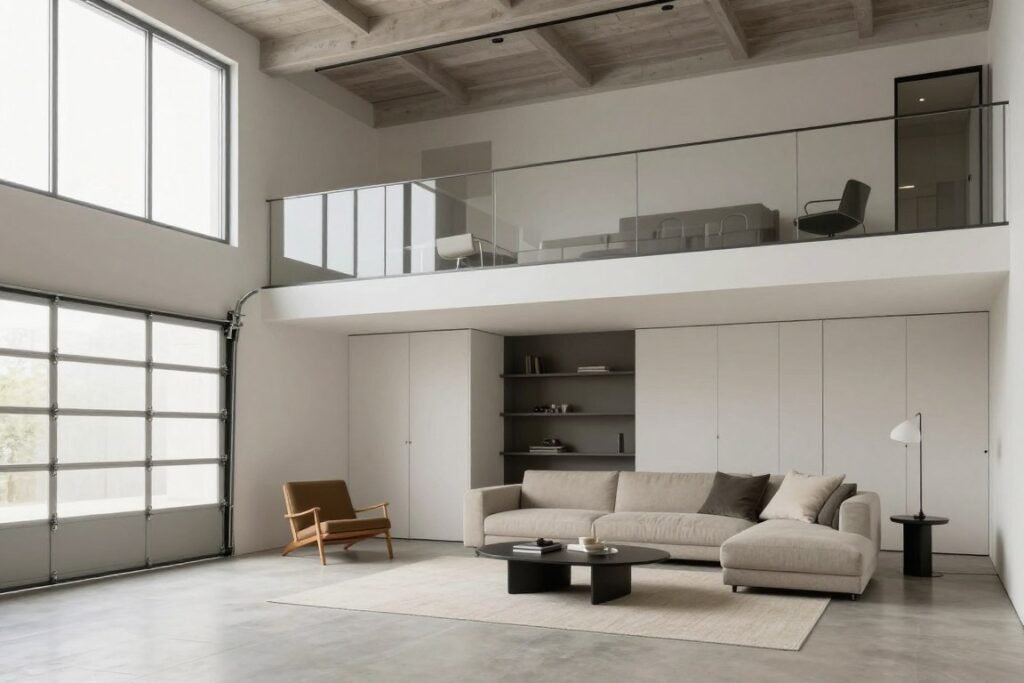 Modern minimalist above garage apartment interior with clean lines and neutral colors