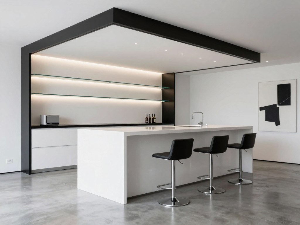 Modern minimalist garage bar with clean lines and contemporary fixtures