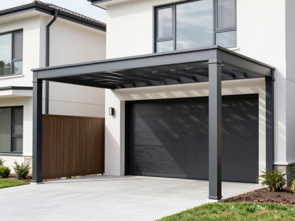 Modern minimalist garage pergola with clean lines and metal accents on a contemporary home