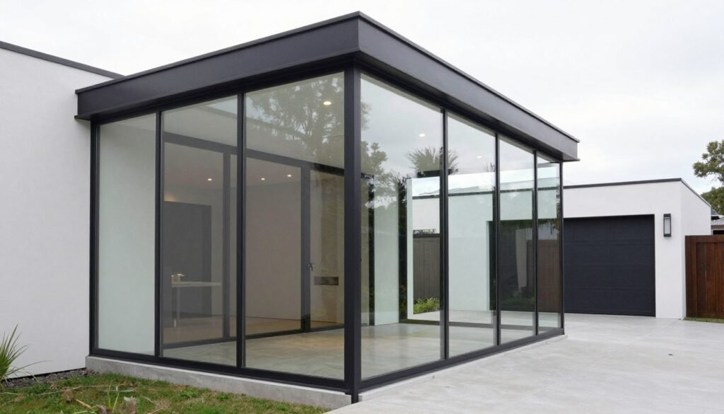 Modern minimalist glass enclosed breezeway with black frames and concrete flooring