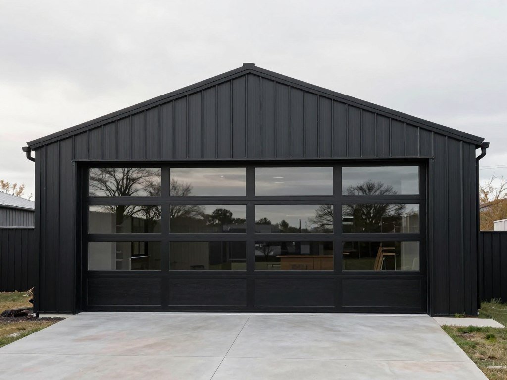 Modern minimalist pole barn garage with dark metal siding and clean lines