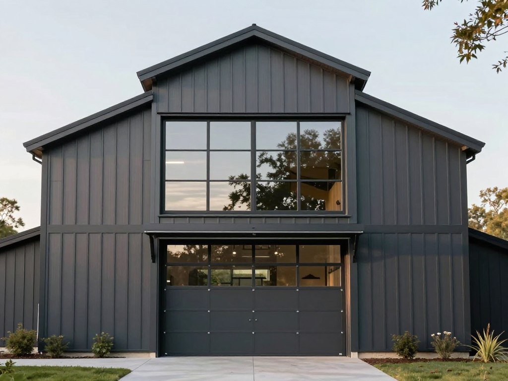 Modern monitor-style barn garage with center raised section, large windows, and contemporary materials
